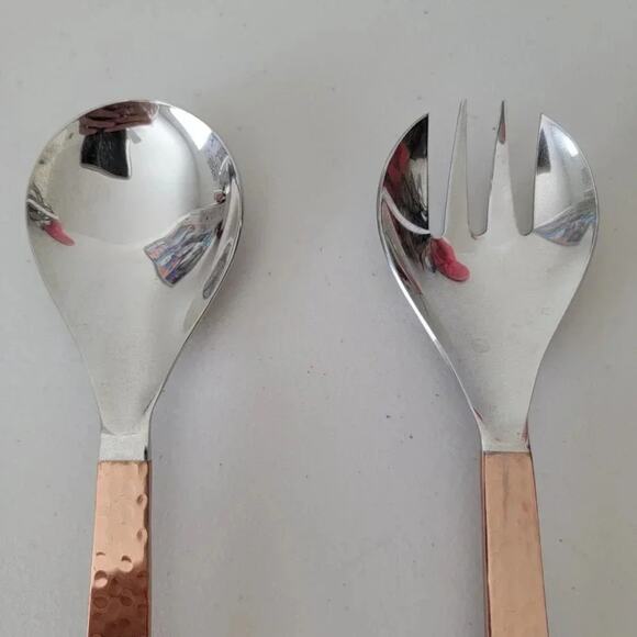 Handcrafted Copper & Stainless Steel Serving Spoon and Fork Set of 2 Indian - Picture 2 of 7